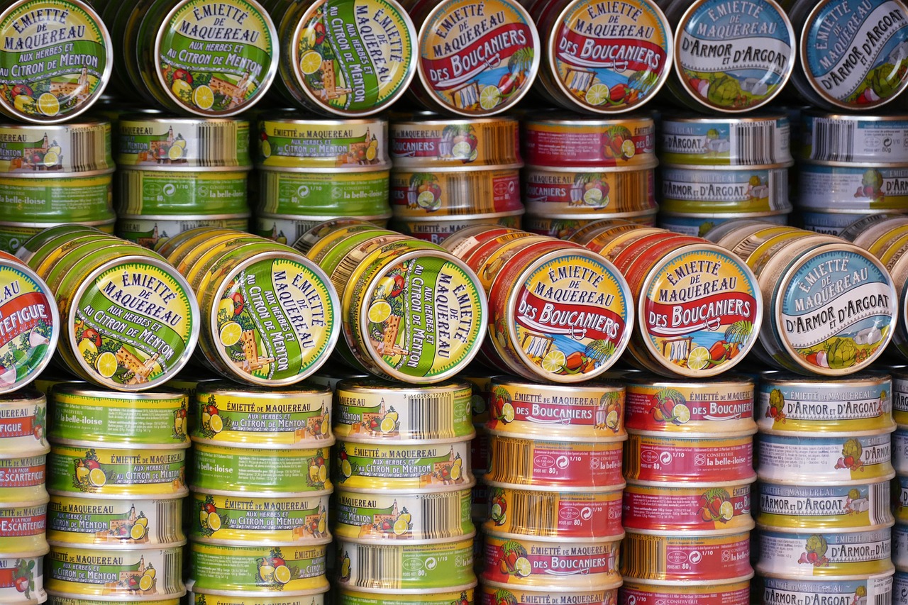 canned goods, cans, canned food, finished products, meal, nature, tin can, fish, can, shelf, food, supermarket, sardines, potted, rifle, packaging